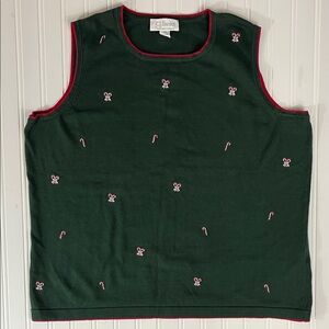 C.J. Banks Candy Cane Embroidered Green Sleeveless Sweater Vest with Red Trim